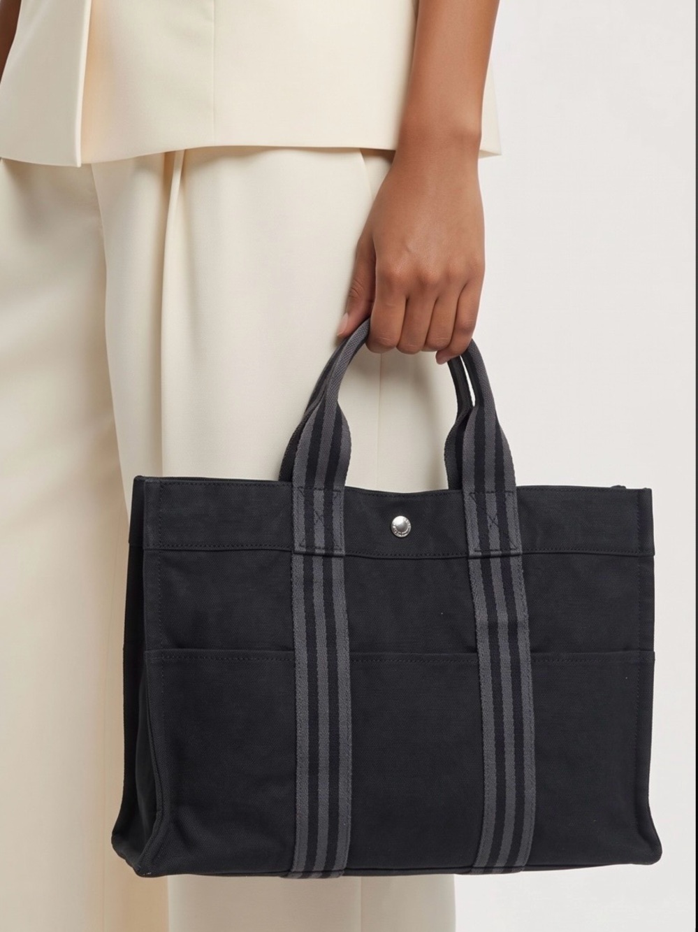 Hermes Black Canvas Tote with Striped Handles
